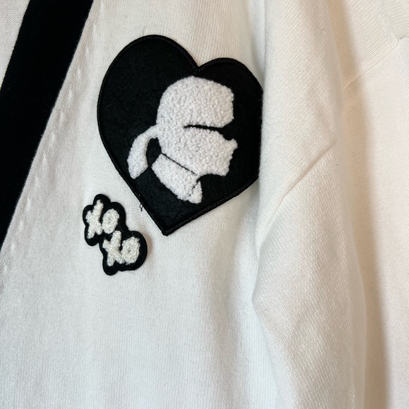 Karl Lagerfeld Paris Varsity Logo Patch Cardigan - Soft White - Picture 3 of 7